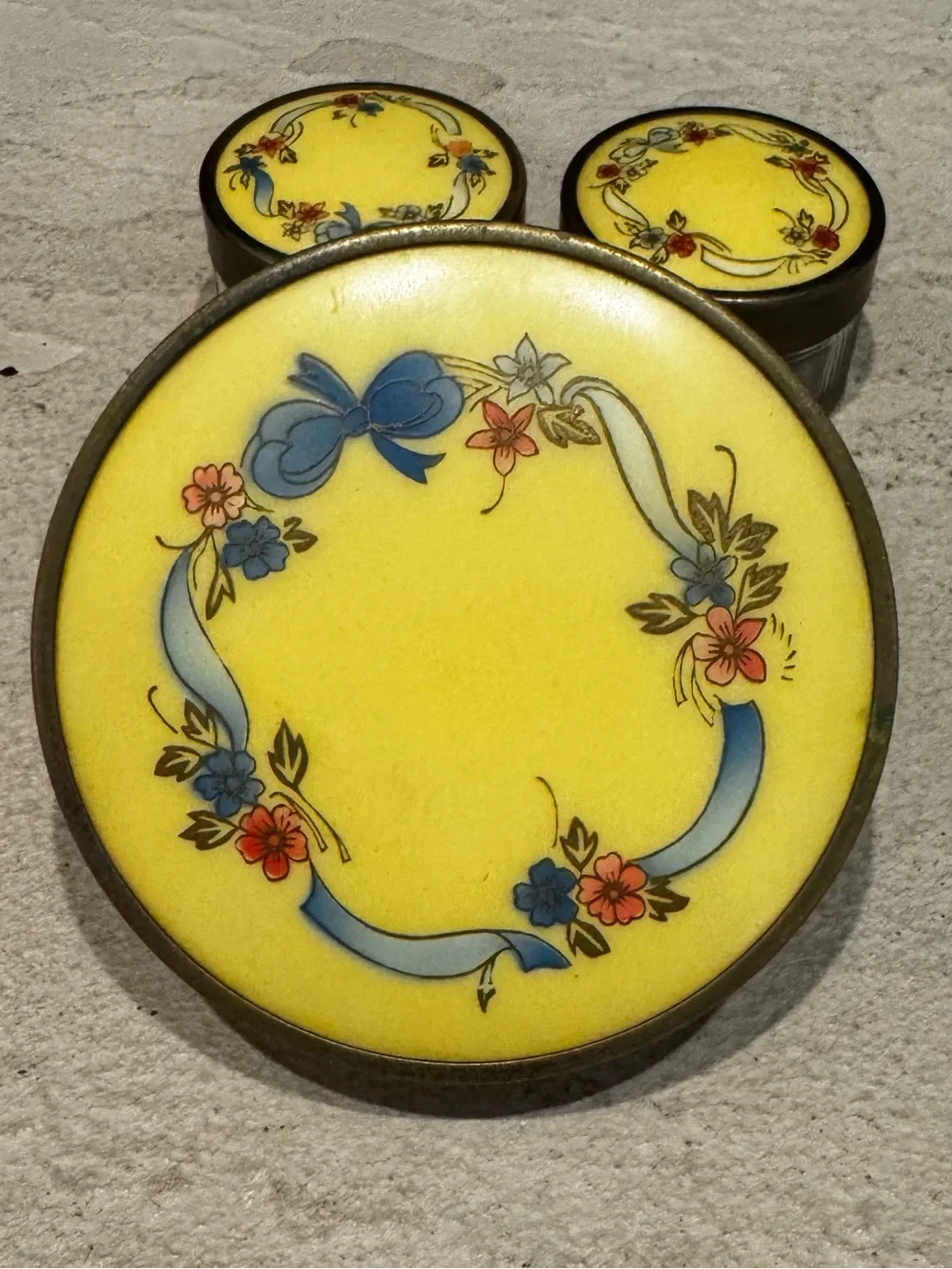Yellow Floral Enamel Vanity Tray Set - Decorative Bathroom Jars